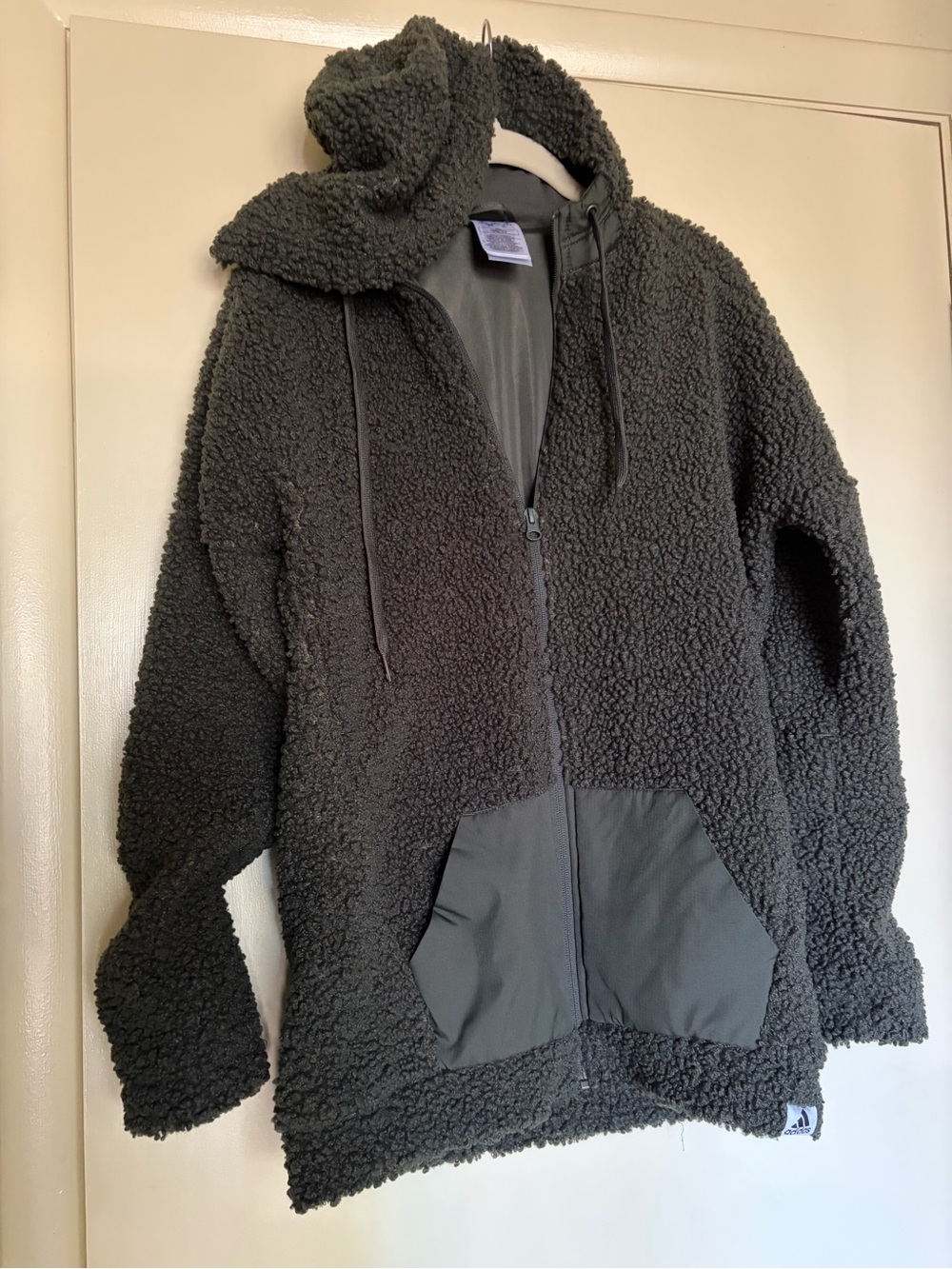 adidas dark olive green Teddy Sherpa Zip-Up Hoodie Jacket